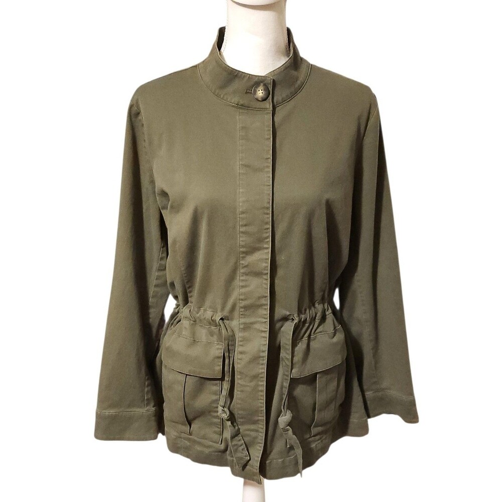 J Jill Utility Chore Jacket Olive Green Cargo Pockets Tie Waist Womens Size M
